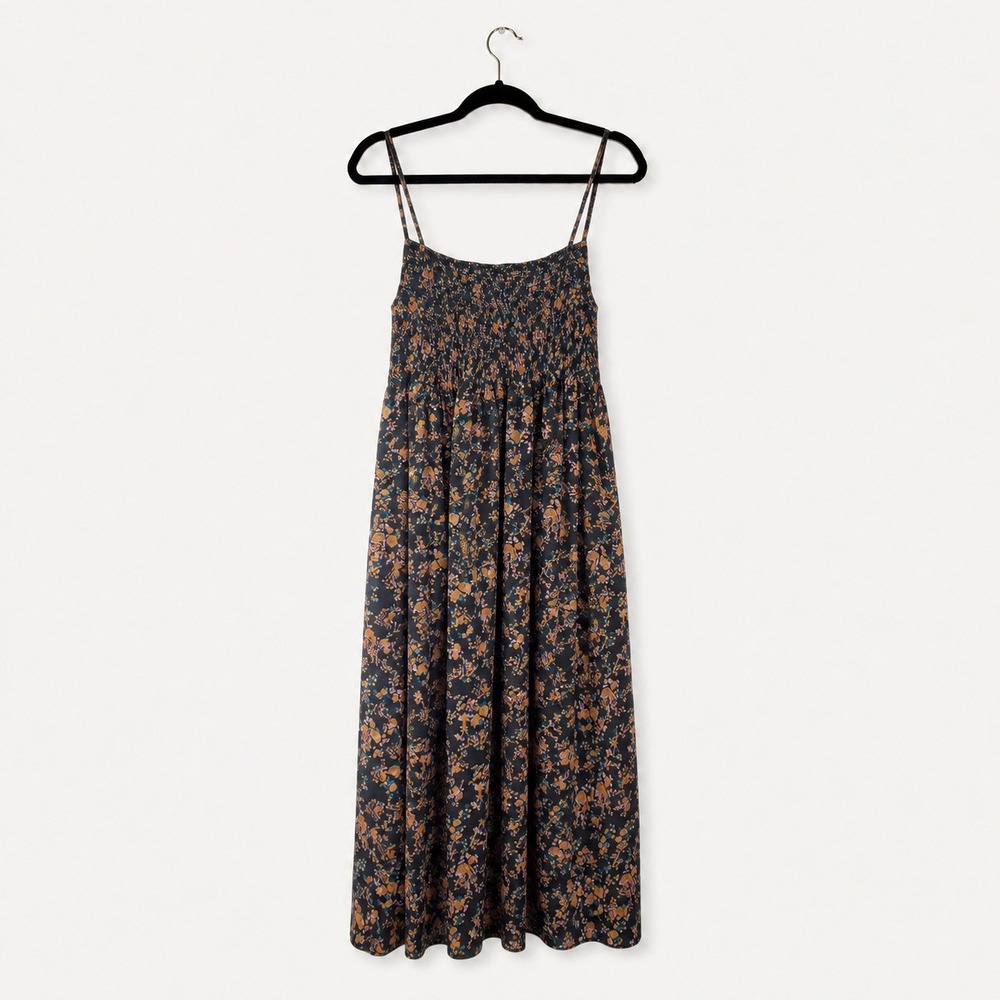 Floral Smocked Maxi Dress Boho Spaghetti Strap Sun Dress Black Multi